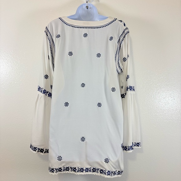 Escapada Ivory Boho Blouse with Blue Embroidery Side Slits Wide Bell Sleeve SzL - Picture 5 of 12
